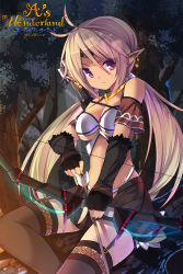 Rule 34 | 1girl, a&#039;s wonderland, ahoge, arrow (projectile), bare shoulders, blonde hair, bow (weapon), chiri (atlanta), earrings, elf, fingerless gloves, forest, garter straps, gloves, jewelry, long hair, nature, night, original, pointy ears, purple eyes, solo, thighhighs, tree, twintails, weapon
