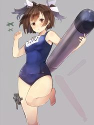 Rule 34 | 1girl, :&lt;, aircraft, bare legs, barefoot, bow, brown eyes, brown hair, cannon, cosplay, grey background, hair bow, hiryuu (kancolle), i-19 (kancolle), i-19 (kancolle) (cosplay), kantai collection, leg up, mecha musume, one-piece swimsuit, personification, school swimsuit, short twintails, simple background, solo, sumisu (mondo), swimsuit, torpedo, turret, twintails