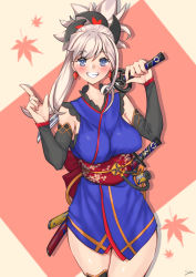 Rule 34 | 1girl, blue eyes, blue kimono, blush, breasts, detached sleeves, earrings, fate/grand order, fate (series), grin, hair ornament, highres, index finger raised, japanese clothes, jewelry, katana, kimono, large breasts, leaf, long hair, looking at viewer, maple leaf, miyamoto musashi (fate), miyamoto musashi (first ascension) (fate), nikuatsu magician shinbo, obi, pink hair, ponytail, sash, short kimono, sleeveless, sleeveless kimono, smile, solo, swept bangs, sword, thighhighs, thighs, weapon