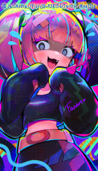 Rule 34 | 1girl, :3, @ @, artist name, bandaid, belt, black jacket, black skirt, blunt ends, brown belt, collarbone, commentary request, creatures (company), fang, flying sweatdrops, game freak, grey eyes, hair ornament, hair tie, hands up, highres, jacket, looking at viewer, mesugaki, midriff, multicolored background, naoto (yandereheaven), nintendo, open mouth, pink hair, pixiv id, pokemon, pokemon (anime), pokemon horizons, coral (pokemon), skirt, sleeves past fingers, sleeves past wrists, smile, solo, sweat, tongue, twintails, twitter username, very long sleeves, x hair ornament