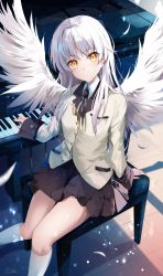 Rule 34 | 1girl, angel beats!, angel wings, arm support, blazer, blush, breasts, commentary, feathered wings, feathers, head tilt, highres, hirai yuzuki, instrument, jacket, kneehighs, long hair, looking at viewer, piano, school uniform, silver hair, sitting, skirt, socks, solo, tenshi (angel beats!), wings, yellow eyes