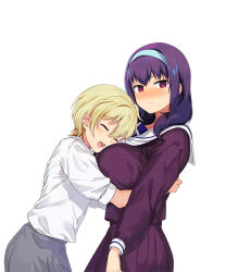 2girls blonde_hair blue_hairband blush breast_smother breasts closed_eyes closed_mouth commentary_request cover_image cowboy_shot face_to_breasts from_side grey_skirt hairband harumi_hana hug ichihara_chiaki konbu_wakame large_breasts long_sleeves looking_at_viewer medium_hair mole mole_under_eye multiple_girls official_art open_mouth pleated_skirt purple_eyes purple_hair purple_serafuku purple_shirt purple_skirt sailor_collar school_uniform second-party_source sekai_de_ichiban_oppai_ga_suki! serafuku shirt shirt_tucked_in short_hair simple_background skirt small_breasts smile white_background white_sailor_collar white_shirt yuri