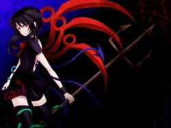 Rule 34 | 1girl, bare back, black hair, female focus, gradient background, houjuu nue, polearm, red eyes, snake, solo, spear, thighhighs, touhou, trident, weapon, wings, wristband, yuha (yh-krm), zettai ryouiki