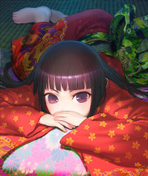 Rule 34 | 1girl, barefoot, black hair, blunt bangs, bob cut, covering own mouth, face, feet, floral print, foreshortening, hime cut, japanese clothes, kimono, long hair, lying, on floor, original, solo, tatami, uni (plastic girl)