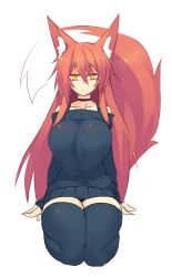 Rule 34 | 1girl, animal ear fluff, animal ears, bare shoulders, black neckwear, black sweater, black thighhighs, breasts, choker, commentary, fox ears, fox girl, fox tail, frown, full body, hair between eyes, highres, large breasts, long hair, long sleeves, looking at viewer, original, red hair, seiza, simple background, sitting, sketch, solo, sub-res, sweater, sweater vest, tail, thighhighs, white background, yellow eyes