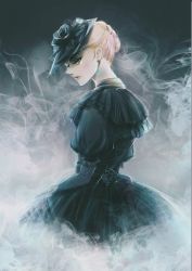 Rule 34 | 1girl, black dress, black headwear, blonde hair, blue eyes, chinese commentary, commentary request, dress, flower, fog, ghost, jingxiangyigou, lips, long sleeves, looking at viewer, looking to the side, lord of the mysteries, rose, sharron (lord of the mysteries), solo