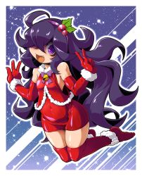 Rule 34 | 1girl, @ @, ahoge, bell, border, breasts, christmas, commentary request, covered navel, creatures (company), double w, elbow gloves, full body, game freak, gloves, hair over one eye, hairband, hex maniac (pokemon), highres, long hair, looking at viewer, mistletoe, nintendo, open mouth, outline, pokemon, pokemon xy, purple eyes, purple hair, purple hairband, purple ribbon, red gloves, red thighhighs, ribbon, shiny skin, solo, sparkle, takura mahiro, thighhighs, tongue, w, white border