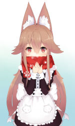 Rule 34 | 1girl, alternate costume, animal ears, apron, black dress, blue background, blush, borrowed character, bow, breath, brown hair, commentary request, covered mouth, dress, enmaided, fox ears, frilled apron, frilled dress, frills, gradient background, hair between eyes, hair flaps, highres, long hair, looking at viewer, maid, original, paw print, red eyes, red scarf, scarf, solo, very long hair, white apron, white background, white bow, yasuhisa (18456628)