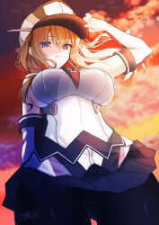 Rule 34 | 1girl, adapted costume, ayuman, black pantyhose, black skirt, blonde hair, breasts, cloud, cross, from below, gloves, gradient sky, graf zeppelin (kancolle), hair between eyes, hat, highres, iron cross, kantai collection, large breasts, long hair, looking at viewer, military uniform, neckerchief, orange sky, pantyhose, peaked cap, purple eyes, shirt, sidelocks, skirt, sky, solo, twintails, uniform, white gloves, white hat, white shirt
