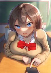 Rule 34 | 1girl, blue eyes, blush, breast rest, breasts, breasts on table, brown cardigan, brown hair, cardigan, cellphone, chair, chalkboard, cleavage, collared shirt, commentary request, curtains, desk, hair between eyes, large breasts, long sleeves, looking at viewer, maku ro, necktie, open mouth, original, phone, pointy ears, red necktie, school chair, school desk, school uniform, shirt, sitting, smartphone, sunlight, teeth, upper body, upper teeth only, white shirt