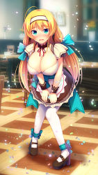 Rule 34 | 1girl, ahoge, apron, aqua eyes, bar (place), blonde hair, blush, breasts, cleavage, embarrassed, female focus, full body, hair ornament, hair ribbon, hairband, high heels, highres, huge breasts, leaning forward, long hair, looking at viewer, miniskirt, noukatu, open mouth, pantyhose, ribbon, shoes, shy, skirt, skirt tug, solo, standing, waitress