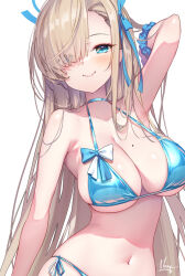 Rule 34 | 1girl, armpits, artist name, asuna (blue archive), bikini, blue archive, blue bikini, blue eyes, blue halo, blue ribbon, blue scrunchie, blush, breasts, closed mouth, eyes visible through hair, hair over one eye, hair ribbon, halo, highres, hong (white spider), large breasts, light brown hair, long hair, looking at viewer, mole, mole on breast, navel, ribbon, scrunchie, side-tie bikini bottom, signature, simple background, smile, solo, swimsuit, white background, wrist scrunchie