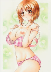 Rule 34 | 10s, 1girl, :o, blush, bow, bow bra, bra, bra pull, breasts, clothes pull, colored pencil (medium), commentary request, cowboy shot, girls und panzer, green background, lace, lace-trimmed bra, lace-trimmed panties, lace trim, large breasts, leaning forward, looking at viewer, marker (medium), navel, nipples, nishizumi miho, open bra, open mouth, outside border, panties, partial commentary, pink bra, pink panties, plaid, plaid bra, plaid panties, short hair, solo, standing, traditional media, underwear, underwear only, undressing, yuuna katsumi