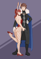 Rule 34 | 1boy, 1girl, ;p, absurdres, animal ears, anna (fire emblem), ass, ass grab, bare back, bare shoulders, brown eyes, brown hair, bulge, crotch grab, eyelashes, fake animal ears, fire emblem, fishnet pantyhose, fishnets, from behind, full body, grin, high heels, highres, kneepits, legs, leotard, looking at viewer, looking back, naughty face, nintendo, one eye closed, oo sebastian oo, pantyhose, penis grab, playboy bunny, ponytail, rabbit ears, rabbit tail, red hair, smile, standing, standing on one leg, tail, thighs, tongue, tongue out