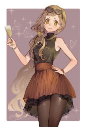 Rule 34 | 1girl, alcohol, bracelet, brown leggings, brown pantyhose, champagne, closed mouth, cup, drinking glass, earrings, eyewear on head, fashion, green shirt, hand on own hip, highres, holding, holding cup, jewelry, leggings, long hair, looking at viewer, ojo aa, pantyhose, purple background, red riding hood (sinoalice), red skirt, shirt, simple background, sinoalice, skirt, sleeveless, smile, solo, sunglasses, v-shaped eyebrows, wine glass