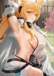 Rule 34 | &gt;:(, 1girl, absurdres, animal ear fluff, animal ears, arknights, arm behind head, arm up, armpits, arms up, backless outfit, belt, black gloves, blonde hair, blush, breasts, brown eyes, closed mouth, covered erect nipples, day, gloves, headset, highres, horse ears, implied extra ears, large breasts, long hair, looking at viewer, nearl (arknights), nearl the radiant knight (arknights), no bra, outdoors, ponytail, renleiwanyier, revealing clothes, see-through, sideboob, sitting, skirt, solo, steaming body, sweat, test tube, v-shaped eyebrows, very long hair, white skirt