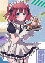 Rule 34 | 10s, 1girl, apron, aqua eyes, blush, commentary request, cup, fuyuzima, garter straps, gloves, highres, kurosawa ruby, love live!, love live! school idol festival, love live! school idol project, love live! sunshine!!, maid, maid apron, maid headdress, red hair, short hair, skirt, smile, solo, tea, teacup, teapot, thighhighs, tray, twintails, two side up, white gloves, white thighhighs