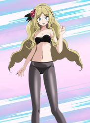 Rule 34 | 1girl, bare arms, black bra, blonde hair, blue eyes, bra, breasts, caitlin (fall 2021) (pokemon), caitlin (pokemon), cleavage, collarbone, creatures (company), d:, floating hair, game freak, gluteal fold, grey hairband, hairband, highres, long hair, looking at viewer, nail polish, navel, nintendo, open mouth, panties, panties under pantyhose, pantyhose, parted bangs, pokemon, pokemon masters ex, red nails, small breasts, solo, standing, strapless, strapless bra, tsukishiro saika, underwear, very long hair