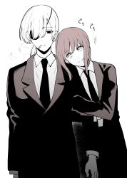 Rule 34 | 2girls, arm hug, black necktie, black pants, black suit, braid, braided ponytail, business suit, chainsaw man, collared shirt, couple, expressionless, eyepatch, formal, hair over one eye, head rest, height difference, highres, holding another&#039;s arm, light smile, long hair, long sleeves, looking at another, looking at viewer, makima (chainsaw man), medium hair, multiple girls, necktie, pants, ponytail, quanxi (chainsaw man), ringed eyes, shirt, smile, smoke, suit, white shirt, yuri