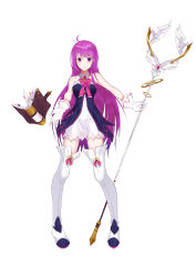 Rule 34 | 1girl, absurdres, aether sage (elsword), aisha landar, antenna hair, bare arms, bare shoulders, book, boots, bow, breasts, commentary, dress, elsword, full body, gloves, highres, holding, long hair, looking at viewer, pink neckwear, purple eyes, purple hair, simple background, smile, solo, staff, thigh boots, thighhighs, white background, white dress, white footwear, white gloves, white thighhighs, zukumo aru3u