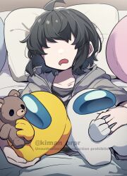Rule 34 | 3others, ahoge, ambiguous gender, among us, bed sheet, brown hair, commentary request, crewmate (among us), disembodied limb, faceless, grey hoodie, helmet, highres, holding, holding stuffed toy, hood, hoodie, impostor (among us), kiman, lying, lying on person, multiple others, nibbling, on back, open mouth, pillow, saliva, shirt, short hair, sleeping, space helmet, spacesuit, striped clothes, striped shirt, stuffed animal, stuffed toy, teddy bear, they (kiman), twitter username, watermark, white (among us), yellow (among us)