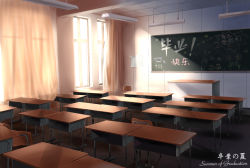 Rule 34 | chalkboard, classroom, curtains, desk, english text, graduation, highres, no humans, original, scenery, school, school desk, wei ji
