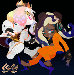 Rule 34 | 2girls, breasts, cleavage, commentary, crown, dark-skinned female, dark skin, english commentary, fangs, fingerless gloves, gloves, headphones, high heels, highres, inkling, inoue seita, jacket, looking at viewer, marina (splatoon), mole, mole under mouth, multiple girls, nintendo, octoling, official art, open clothes, open shirt, orange suit, pearl (splatoon), shoes, smile, sneakers, splatoon (series), splatoon 3, symbol-shaped pupils, tentacle hair