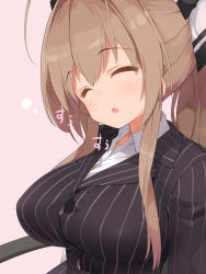 Rule 34 | 10s, 1girl, amagi brilliant park, antenna hair, bow, breasts, brown hair, business suit, closed eyes, formal, hair bow, kaisen chuui, large breasts, long hair, long sleeves, open mouth, ponytail, sento isuzu, sleeping, solo, suit