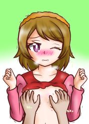 Rule 34 | 1girl, artist name, artist request, blush, grabbing another&#039;s breast, breasts, brown hair, chibi, closed mouth, clover print, embarrassed, female focus, grabbing, green background, hair between eyes, hairband, headband, highres, jacket, koizumi hanayo, long sleeves, looking at viewer, love live!, love live! school idol festival, love live! school idol project, one eye closed, open clothes, open jacket, open shirt, orange hairband, orange headband, parted lips, pink jacket, purple eyes, short hair, smile, solo focus, upper body, zipper, zipper pull tab
