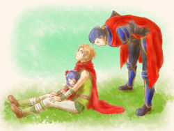 Rule 34 | 1girl, 2boys, armor, blonde hair, blue eyes, blue hair, boots, brown eyes, cape, closed eyes, father and daughter, fire emblem, fire emblem: the binding blade, fire emblem: the blazing blade, gauntlets, hector (fire emblem), highres, lilina (fire emblem), matthew, multiple boys, nintendo, red cape, sleeping