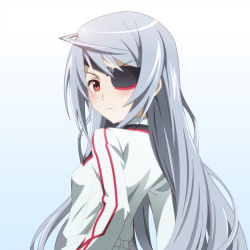 Rule 34 | 10s, 1girl, blush, eyepatch, infinite stratos, laura bodewig, long hair, looking at viewer, looking back, military, military uniform, red eyes, silver hair, solo, spiceg, uniform