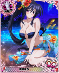 Rule 34 | 1girl, arm support, bare shoulders, bikini, black bikini, black hair, blush, bracelet, breasts, card (medium), character name, chess piece, cleavage, flower, hair flower, hair ornament, hair ribbon, high school dxd, high school dxd infinity, himejima akeno, jewelry, large breasts, long hair, looking at viewer, navel, night, official art, parted lips, petals, petals on liquid, ponytail, purple eyes, queen (chess), ribbon, sitting, solo, swimsuit, trading card, very long hair, water