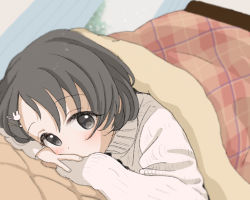 Rule 34 | 1girl, beige sweater, black eyes, black hair, blush, rabbit hair ornament, covered mouth, curtains, eyelashes, hair ornament, head rest, idolmaster, idolmaster cinderella girls, indoors, kotatsu, looking at viewer, lying, megabee e, on stomach, own hands together, sasaki chie, solo, table