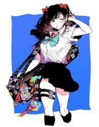 Rule 34 | 1girl, black eyes, black hair, blue background, bobbbob, bow, bowtie, buckle, collared shirt, dress shirt, earrings, hair bow, hand up, holster, jewelry, charm (object), kneehighs, long hair, looking to the side, nail polish, one eye closed, original, pleated skirt, red nails, school uniform, shirt, short sleeves, skirt, snap-fit buckle, socks, solo, sticker, stuffed animal, stuffed toy, thigh holster, thigh strap, two side up, undershirt, walking, wavy hair, weapon case, wince