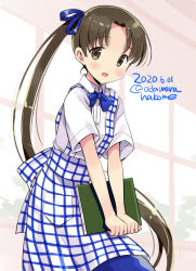 Rule 34 | 1girl, :d, alternate costume, apron, ayanami (kancolle), blue apron, blue bow, blue bowtie, blue ribbon, blush, book, bow, bowtie, brown eyes, brown hair, buttons, checkered apron, checkered clothes, commentary, cowboy shot, dated, employee uniform, gingham, gingham apron, hair ribbon, holding, holding book, kantai collection, kobeya, kobeya uniform, long hair, odawara hakone, one-hour drawing challenge, open mouth, plaid, plaid apron, ribbon, shirt, short sleeves, side ponytail, smile, solo, twitter username, uniform, very long hair, white shirt