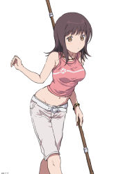 Rule 34 | 1girl, absurdres, bare arms, bare shoulders, belt, bracelet, breasts, brown eyes, brown hair, commentary request, crop top, dated, dot nose, friulian spear, highres, holding, holding polearm, holding weapon, itsuwa, jewelry, light blush, looking at viewer, medium breasts, medium hair, midriff, navel, necklace, parted lips, pink shirt, polearm, shirt, shorts, simple background, sleeveless, sleeveless shirt, solo, takatisakana, toaru majutsu no index, weapon, white background, white belt