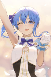 Rule 34 | 1girl, arm up, armpits, bad id, bad pixiv id, blue eyes, blue hair, blush, bow, bowtie, clenched hand, gloves, hair between eyes, hand up, highres, hololive, hoshimachi suisei, looking at viewer, one eye closed, purple bow, purple bowtie, purple ribbon, ribbon, seon (seonon ), side ponytail, sleeveless, smile, solo, sweat, upper body, virtual youtuber, white gloves