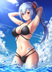 Rule 34 | 1girl, absurdres, alternate costume, armpits, bad id, bad pixiv id, bare legs, bare shoulders, bikini, black bikini, breasts, cloud, cloudy sky, collarbone, day, fate/grand order, fate (series), furan (pixiv20237436), gluteal fold, hair between eyes, highres, large breasts, long hair, looking at viewer, midriff, multi-strapped bikini, navel, outdoors, parted lips, partially submerged, ponytail, red eyes, sideboob, silver hair, skindentation, sky, solo, standing, stomach, swimsuit, thighhighs, tomoe gozen (fate), very long hair, wading, water