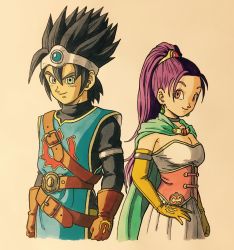 Rule 34 | belt, black hair, blue eyes, breasts, brown gloves, cape, circlet, cleavage, corset, dragon quest, dragon quest xi, dress, earrings, elbow gloves, gloves, highres, jewelry, lee (dragon garou), long hair, marker (medium), medium breasts, neck ring, official style, pink eyes, ponytail, purple hair, roche (dq11), senica (dq11), sleeveless, sleeveless dress, smile, spiked hair, square enix, toriyama akira (style), traditional media, white dress, yellow gloves