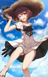 Rule 34 | 1girl, alternate costume, blue sky, blush, brown eyes, brown hair, casual, clothes lift, cloud, day, dress, dress lift, gradient sky, hair between eyes, highres, kantai collection, lifting own clothes, long dress, looking at viewer, natsu narumi, one eye closed, open mouth, sandals, short hair, sky, smile, solo, speaking tube headset, splashing, teeth, thighs, torpedo, upper teeth only, white dress, yukikaze (kancolle)