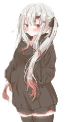 Rule 34 | 1girl, black hoodie, black ribbon, black skirt, black thighhighs, blush, commentary request, gradient hair, hair between eyes, hair ribbon, hands in pockets, highres, hiro (hirohiro31), hololive, hood, hoodie, horns, long hair, long sleeves, looking at viewer, multicolored hair, nakiri ayame, red eyes, red hair, ribbon, sidelocks, simple background, skin-covered horns, skirt, solo, thighhighs, twintails, virtual youtuber, white background, white hair, zettai ryouiki
