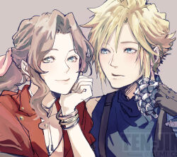 1boy 1girl aerith_gainsborough armored_gloves bangle blonde_hair blue_shirt blush bracelet braid braided_ponytail brown_hair choker closed_mouth cloud_strife demi_co dress earrings final_fantasy final_fantasy_vii final_fantasy_vii_rebirth final_fantasy_vii_remake green_eyes grey_background hair_between_eyes hair_ribbon head_on_hand highres jacket jewelry light_blush long_hair looking_at_another looking_at_viewer parted_bangs pink_dress pink_ribbon red_jacket ribbon shirt short_hair sidelocks single_bare_shoulder single_braid single_earring single_shoulder_pad sleeveless sleeveless_turtleneck smile spiked_hair suspenders turtleneck twitter_username upper_body wavy_hair