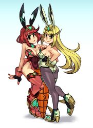 Rule 34 | 2girls, alex ahad, alternate costume, animal costume, ass, bare shoulders, blonde hair, breasts, carrot, cleavage, fake tail, fingerless gloves, gloves, hand on own hip, high heels, highres, large breasts, leotard, lips, long hair, multiple girls, mythra (massive melee) (xenoblade), mythra (xenoblade), pantyhose, planted, planted sword, planted weapon, playboy bunny, pyra (xenoblade), rabbit ears, rabbit tail, red eyes, red footwear, red hair, red leotard, short hair, sideboob, sword, tail, weapon, white background, white gloves, white leotard, xenoblade chronicles (series), xenoblade chronicles 2, yellow eyes