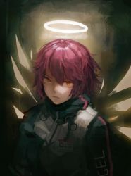 Rule 34 | 1girl, arknights, closed mouth, detached wings, energy wings, exusiai (arknights), halo, high collar, highres, looking at viewer, noccu, pink hair, short hair, solo, wings, yellow eyes
