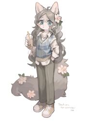 Rule 34 | 1girl, :o, ahoge, animal ears, blue eyes, blue vest, body fur, brown fur, brown hair, brown pants, bubble tea, collared shirt, commission, cup, disposable cup, dog ears, dog girl, dog tail, drinking straw, fewer digits, flower, full body, furry, furry female, gomafuto, hair flower, hair ornament, hand in pocket, highres, holding, holding cup, jewelry, long hair, looking at viewer, necklace, open mouth, orange footwear, original, pants, pixiv commission, shirt, shoes, simple background, sneakers, solo, standing, tail, tail flower, tail ornament, vest, wavy hair, white background, white shirt