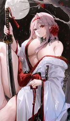 1girl absurdres breasts cleavage flower goddess_of_victory:_nikke hair_between_eyes hair_ornament highres holding holding_sword holding_weapon japanese_clothes katana kimono large_breasts moon night night_sky obi red_eyes red_flower red_rose red_sash rose sash scarlet_(black_shadow)_(longing_flower)_(nikke) scarlet_(nikke) sky solo sword weapon white_kimono yuki_flourish