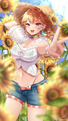 Rule 34 | 1girl, absurdres, bikini, bikini under clothes, breasts, choker, cleavage, denim, denim shorts, earrings, feather earrings, feathers, flower, green choker, hat, highres, hololive, hololive english, jewelry, large breasts, looking at viewer, maka aratame, medium breasts, midriff, navel, official alternate costume, open clothes, open fly, open mouth, open shorts, orange hair, purple eyes, see-through, see-through shirt, shorts, signature, smile, solo, straw hat, summer, sunflower, swimsuit, takanashi kiara, takanashi kiara (casual), v, virtual youtuber