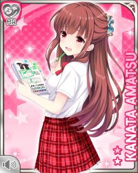 Rule 34 | 1girl, :o, amatsu kanata, book, bow, bowtie, brown hair, card, character name, girlfriend (kari), holding, long hair, official art, open mouth, pink background, plaid, plaid skirt, qp:flapper, red bow, red eyes, red skirt, school uniform, shirt, skirt, solo, standing, tagme, white shirt