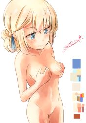 Rule 34 | 1girl, absurdres, azur lane, bad id, bad pixiv id, blonde hair, blue eyes, blush, breast hold, breasts, closed mouth, commentary request, covering privates, covering breasts, cowboy shot, hardy (azur lane), highres, navel, no pussy, nude, shinkuro sanagi, short hair, signature, simple background, small breasts, solo, white background