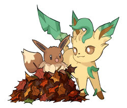 Rule 34 | :d, autumn leaves, black eyes, brown eyes, closed mouth, creatures (company), eevee, game freak, gen 1 pokemon, gen 4 pokemon, grey background, happy, leafeon, looking at another, mjoyart, nintendo, no humans, open mouth, pokemon, pokemon (creature), simple background, smile, standing